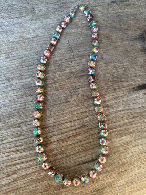 Vintage Cloisonne Bead Necklace Floral Enamel Round Beads 23” Colorful